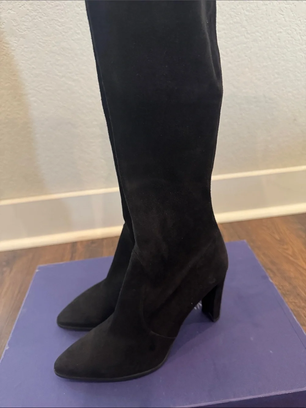 Stuart Weitzman Black Suede Over-the-Knee Heeled Boots